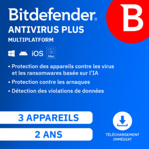 Bitdefender Antivirus Plus 2026 – 3 appareils – 2 ans (renouvellement automatique)