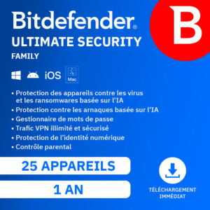 Bitdefender Ultimate Security Family 2026 – 25 appareils – 1 an (renouvellement automatique)